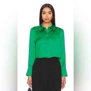Alice + Olivia Leon crop Green Satin Button Down Shirt s